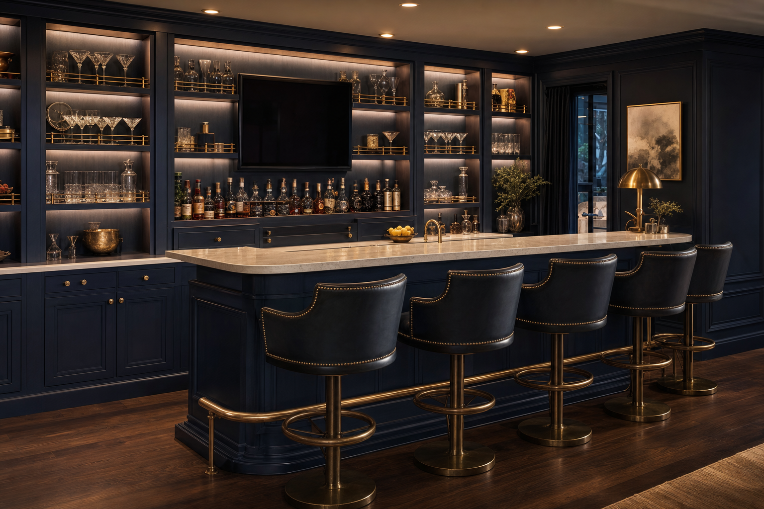 Custom home bar with backlit shelving, cabinetry and seating