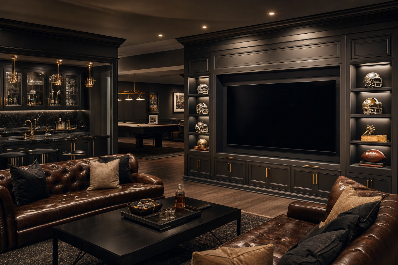 Man cave lounge with custom cabinetry, display shelving and seating