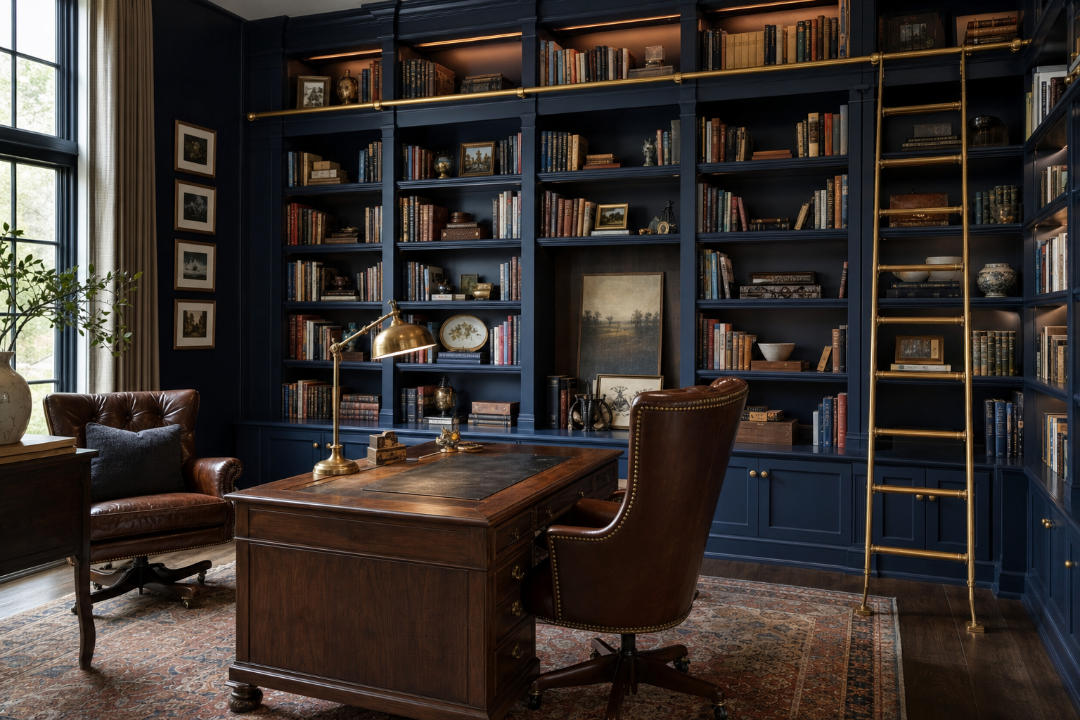 Study and home office with built-in desk, cabinetry and shelving