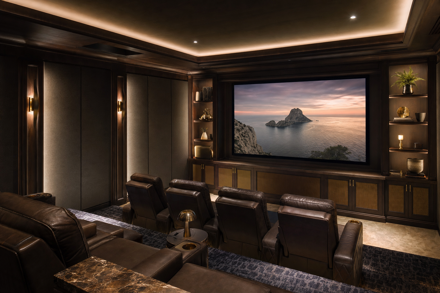 Custom home theater with tiered seating and built-in cabinetry